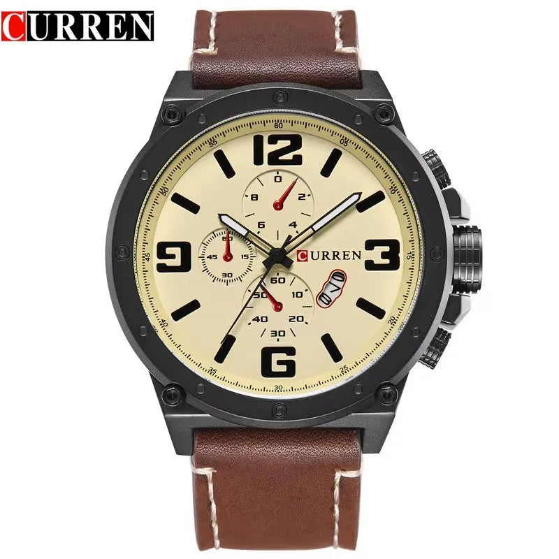 CURREN 8230 Men's Quartz Chronograph Watch – Fashion Outdoor Wristwatch with Brown & Black Leather Strap