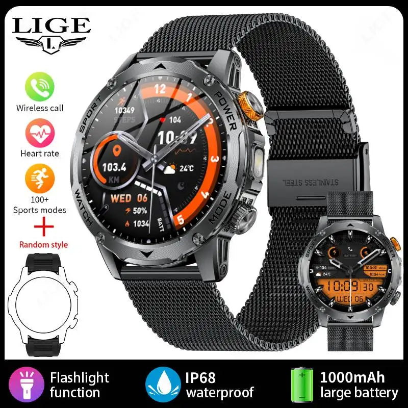 LIGE Men’s Smartwatch – 1000mAh Battery, Outdoor Flashlight, Bluetooth Call, Waterproof Fitness Tracker
