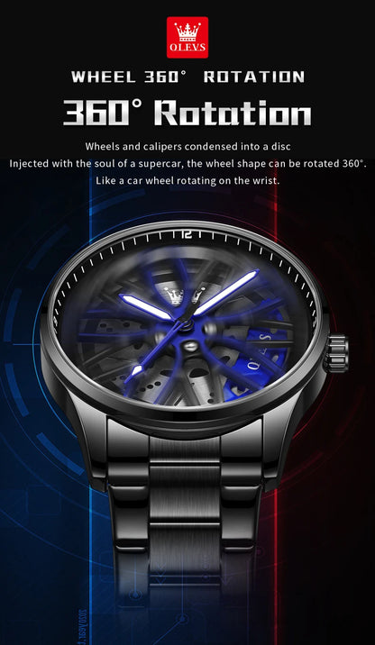 OLEVS Fashion 360° Rotary Dial Quartz Watch for Men Sport Car Rim Wheel Hub Waterproof Luminous Stainless Steel Men's Wristwatch