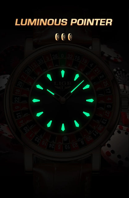 LIGE Fashion Roulette Dial Men's Watch – Brown Leather Edition
