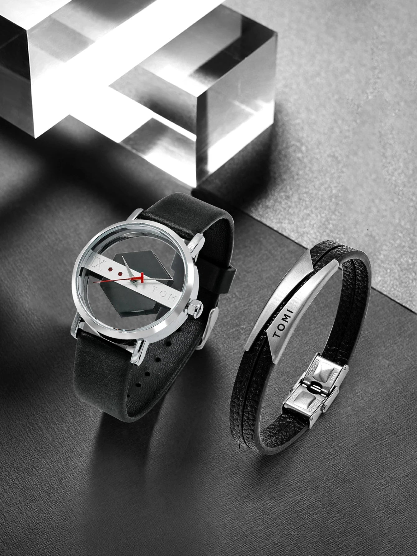 TOMI New 2PCS Men's Gift Box Watch Bracelet Simple and Fashionable Hollow out Versatile Black Strap Men's Quartz Watch Reloj