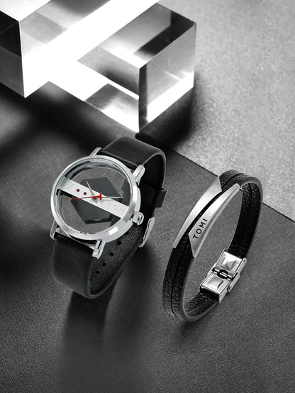TOMI New 2PCS Men's Gift Box Watch Bracelet Simple and Fashionable Hollow out Versatile Black Strap Men's Quartz Watch Reloj