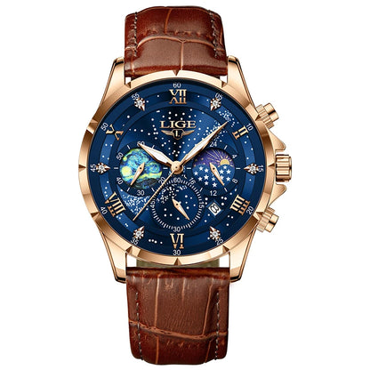 LIGE 2024 Men’s Luxury Genuine Leather Sports Military Quartz Watch with Date