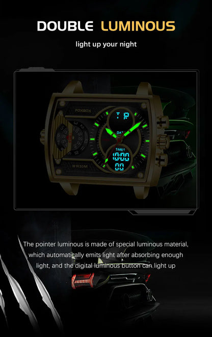 LIGE Luxury Men’s Square Watch – FOXBOX Fashion Casual Sports Waterproof Double Display