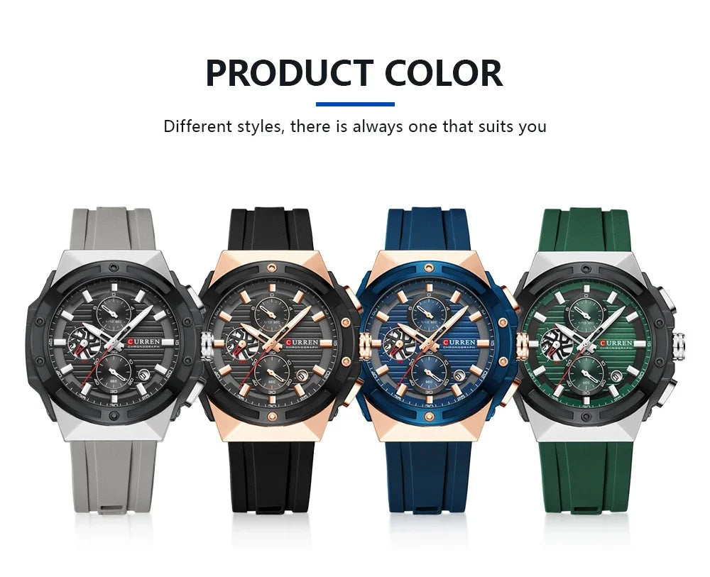 CURREN Multifunctional Sports Chronograph Quartz Watch – Silicone Strap with Luminous Hands