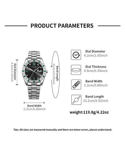 TOMI 4PCS Luxury Business Men's Watch Gift Box Set Luxury Diamond Case Calendar Stainless Steel Strap Quartz Watch Men's Clock