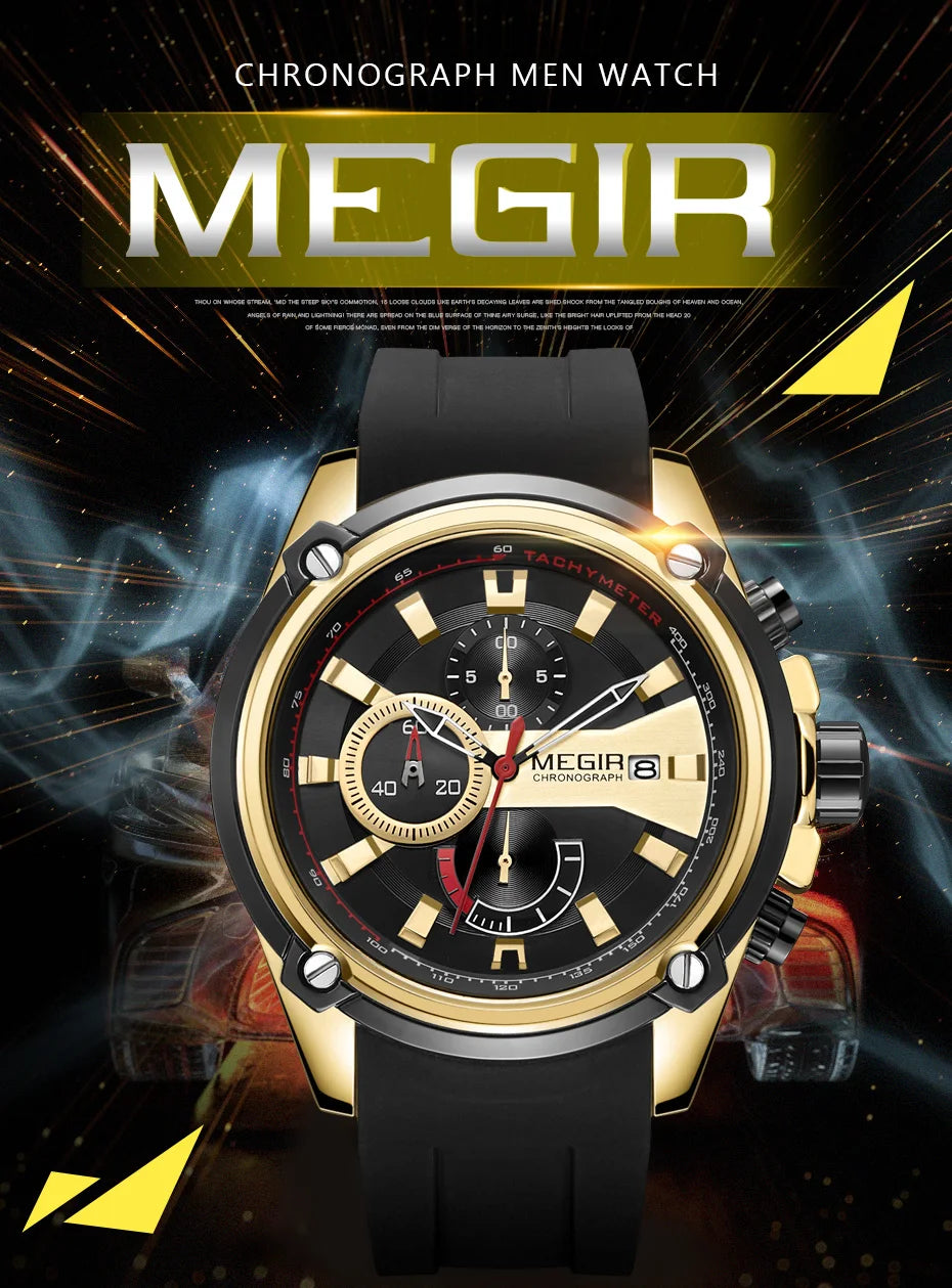 MEGIR Chronograph Luxury Brand Men Sports Watches Silicone Strap Quartz Casual Wristwatch Waterproof Calendar Reloj Hombre 2086