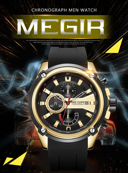 MEGIR Chronograph Luxury Brand Men Sports Watches Silicone Strap Quartz Casual Wristwatch Waterproof Calendar Reloj Hombre 2086