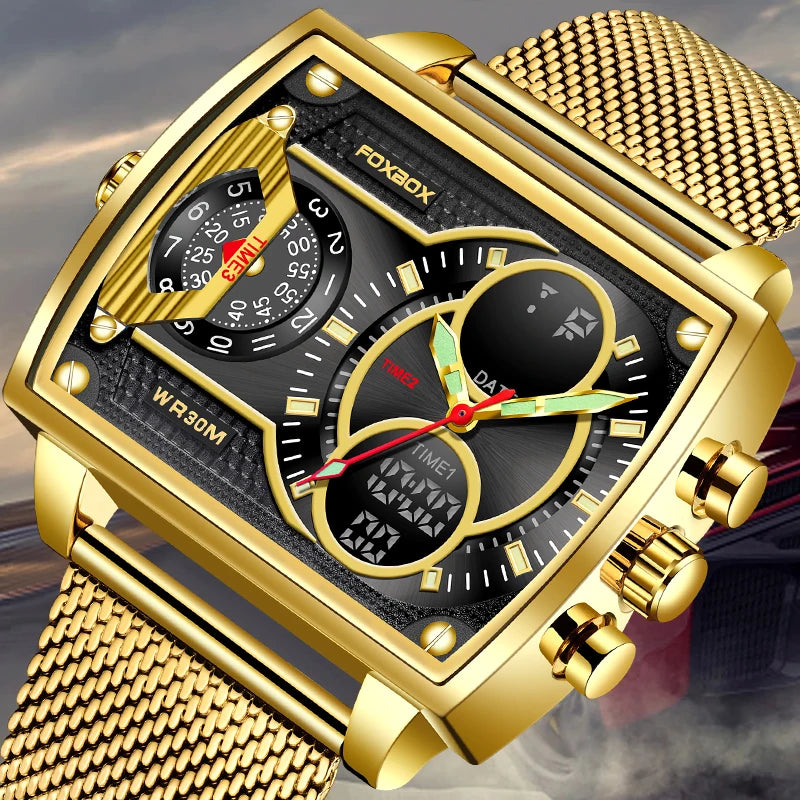 LIGE Luxury Men’s Square Watch – FOXBOX Fashion Casual Sports Waterproof Double Display