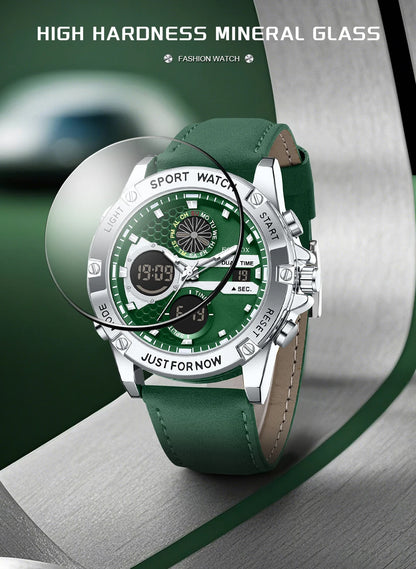LIGE Men’s Outdoor Sport Watch – Leather Strap, Dual Digital Display, Waterproof & Luminous