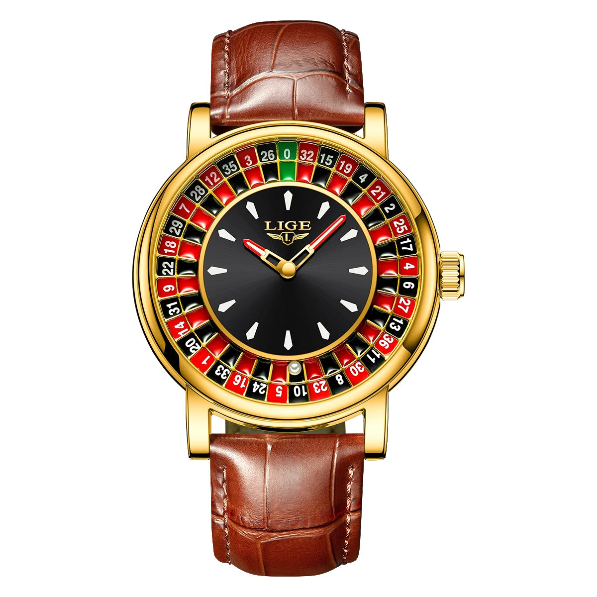 LIGE Fashion Roulette Dial Men's Watch – Brown Leather Edition