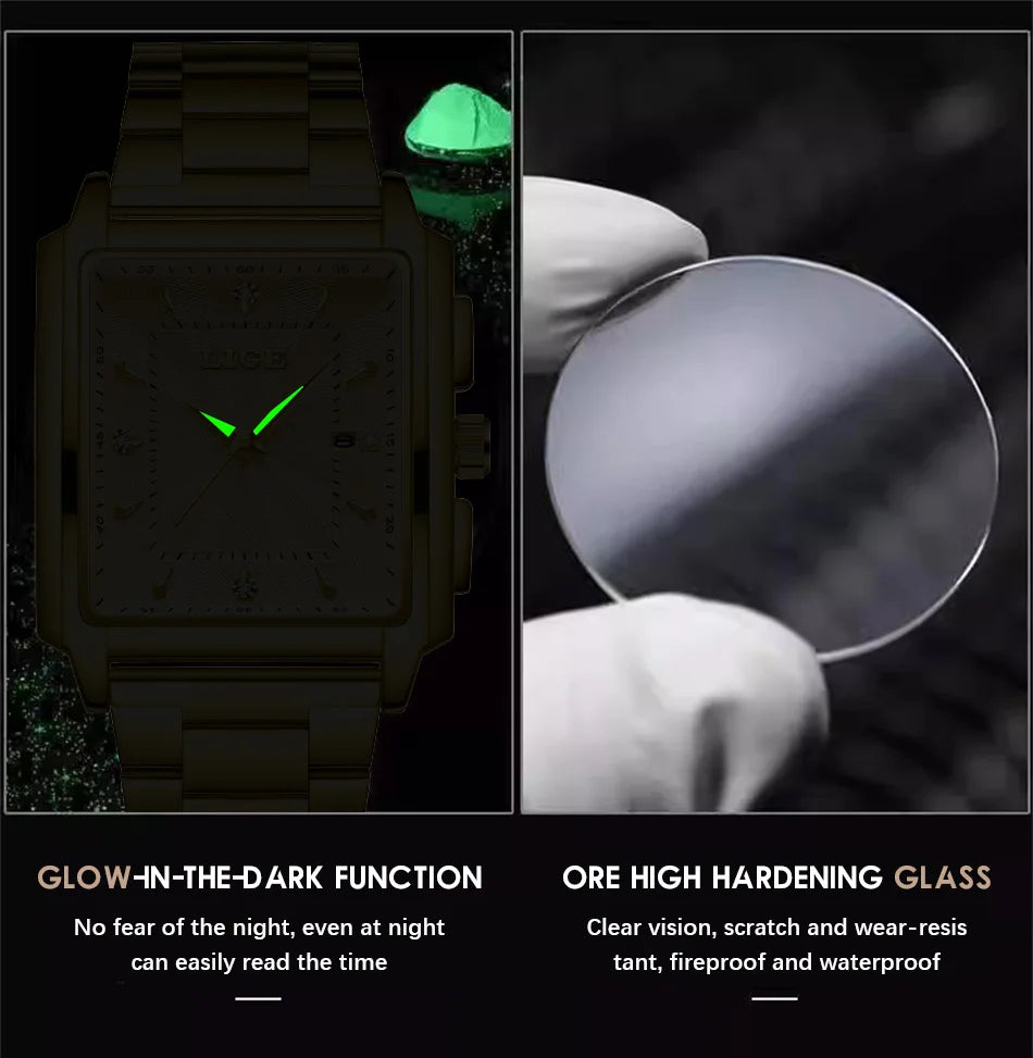 LIGE Men’s Luxury Square Sport Watch – Waterproof Business Military Quartz Chronograph