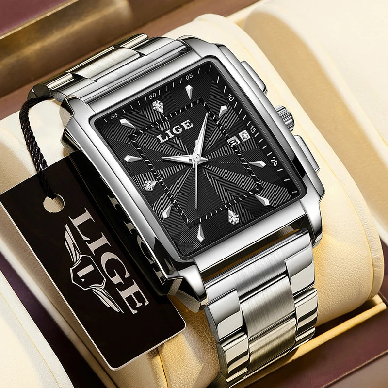 LIGE Men’s Luxury Square Sport Watch – Waterproof Business Military Quartz Chronograph