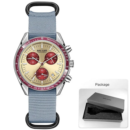 MEGIR New Men's Nylon Braided Strap Waterproof Night-light Sports Quartz Watch with Chronograph Fashion Triple-eye Wristwatch wi