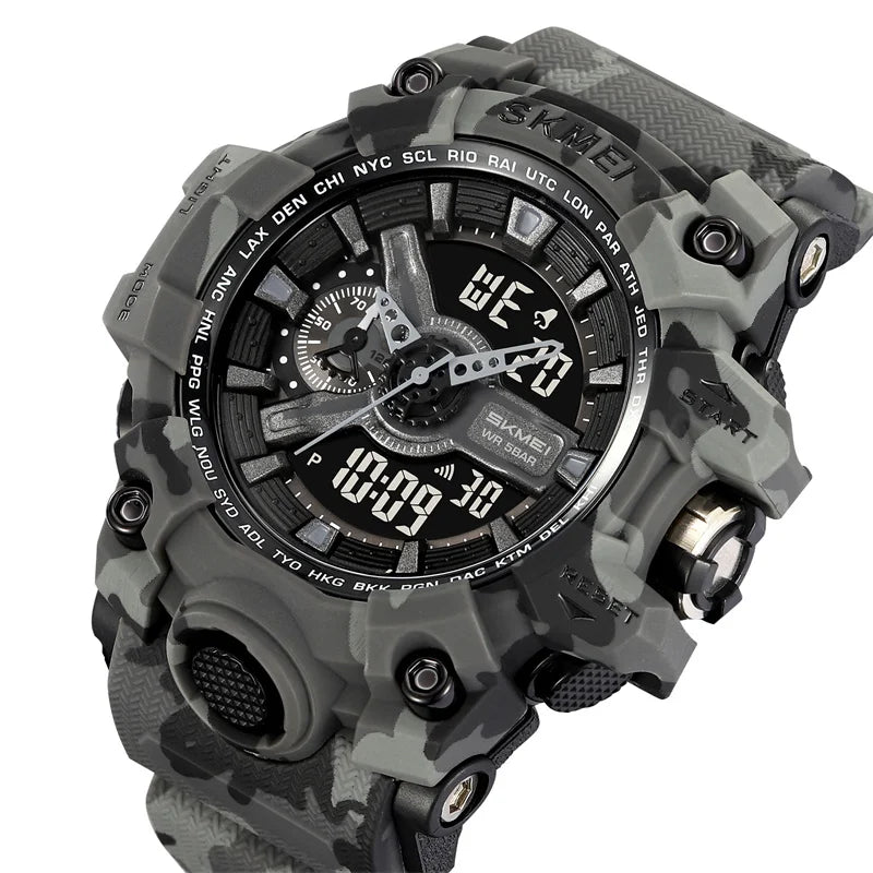 SKMEI Men's Shockproof Military Sports Watch – Dual Time, LED Display, Waterproof, Alarm, Chrono, Big Dial