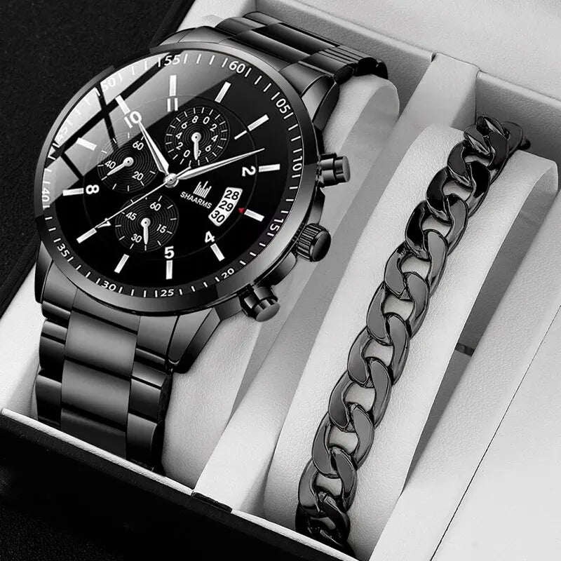 Luxorive ChronoLux Set – Men’s Stainless Steel Quartz Watch & Bracelet Combo