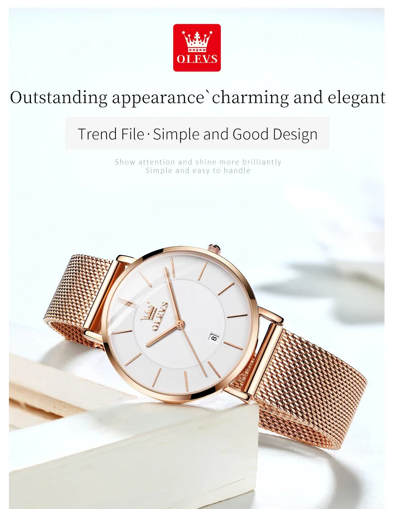 OLEVS 5869 Original Quartz Watch for Women Ultra Thin 6.5mm Simple Fashion Auto Date Hand Clock 30m Waterproof Ladies Wristwatch