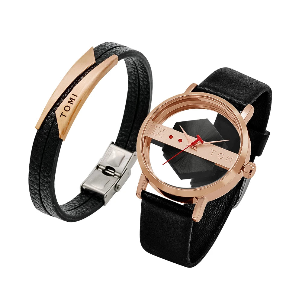 TOMI New 2PCS Men's Gift Box Watch Bracelet Simple and Fashionable Hollow out Versatile Black Strap Men's Quartz Watch Reloj
