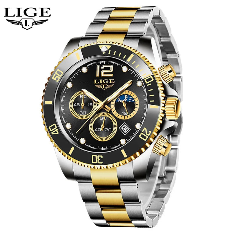 LIGE Men’s Luxury Military Quartz Watch – Full Steel Waterproof Chronograph