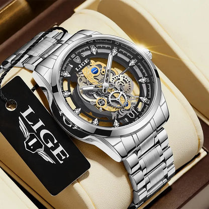 LIGE Men's Skeleton Quartz Watch – Luxury Retro Gold Wristwatch, Stainless Steel, Waterproof, Casual/Formal