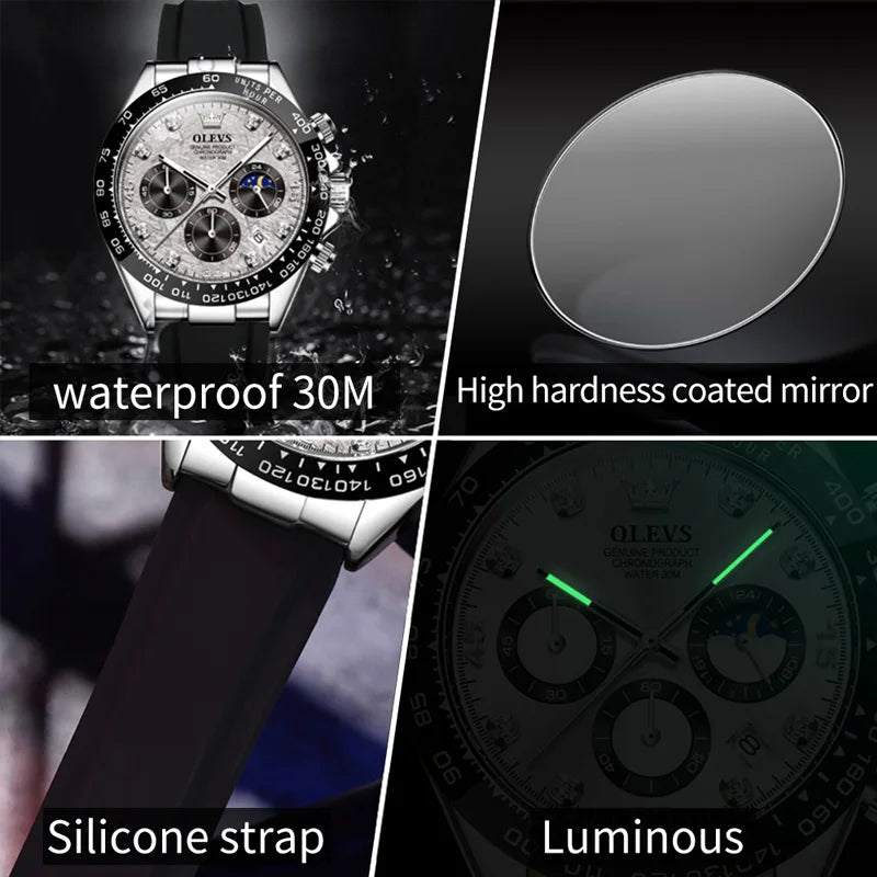 OLEVS Luxury Men's Watches Waterproof Original Quartz Man Watch Moon Phase Watch for Men Chronograph Wrist Watch Luminous Clock