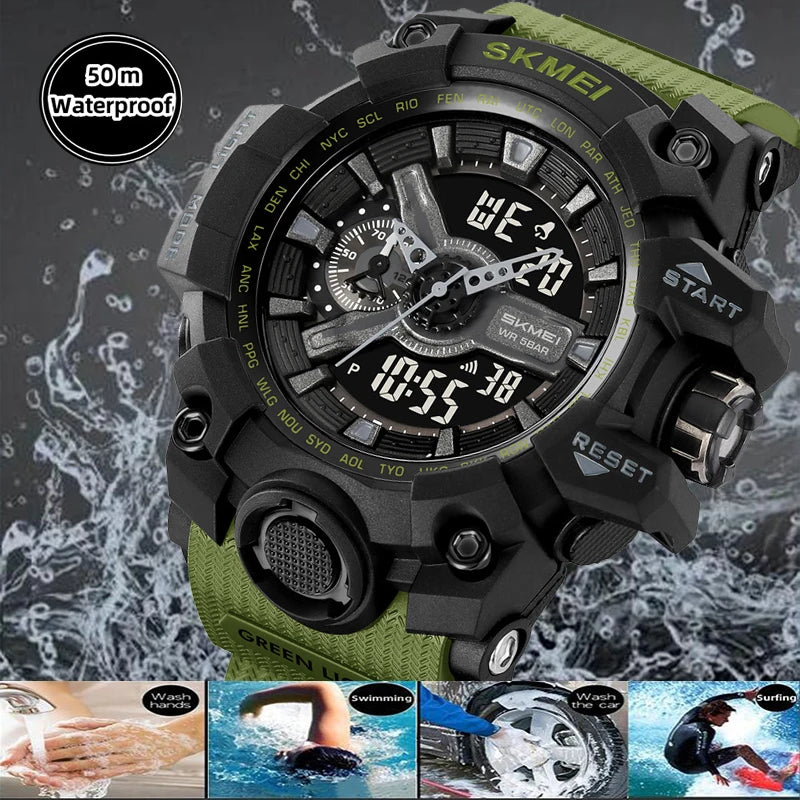 SKMEI Men's Shockproof Military Sports Watch – Dual Time, LED Display, Waterproof, Alarm, Chrono, Big Dial