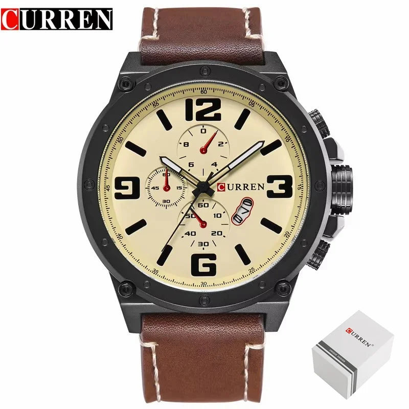 CURREN 8230 Men's Quartz Chronograph Watch – Fashion Outdoor Wristwatch with Brown & Black Leather Strap