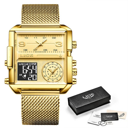 LIGE Men’s Black Steel Digital Dual Display Sports Chronograph – Waterproof Quartz Military Watch