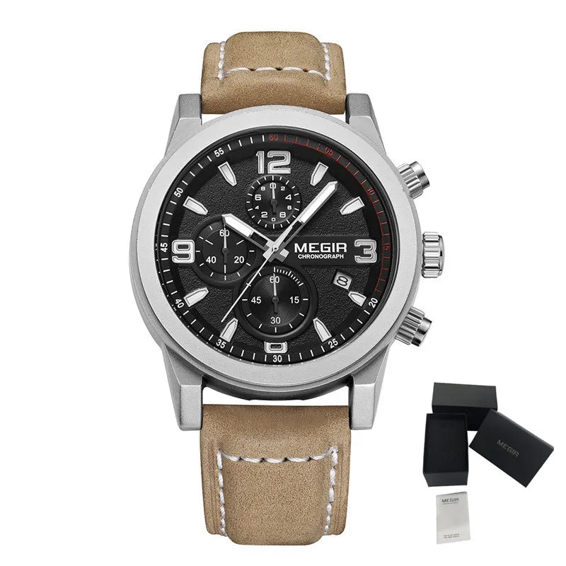MEGIR Luxury Chronograph Men's Sport Watches Leather Strap Quartz Wristwatch Luminous Casual Male Clock Relogio Masculino 2026