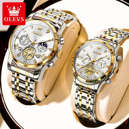 OLEVS Luxury Flywheel Design Couple Wristwatch Chronograph Waterproof Moon Phase Watch Brand Original Quartz Watch for Men Women
