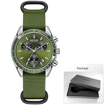 MEGIR New Men's Nylon Braided Strap Waterproof Night-light Sports Quartz Watch with Chronograph Fashion Triple-eye Wristwatch wi