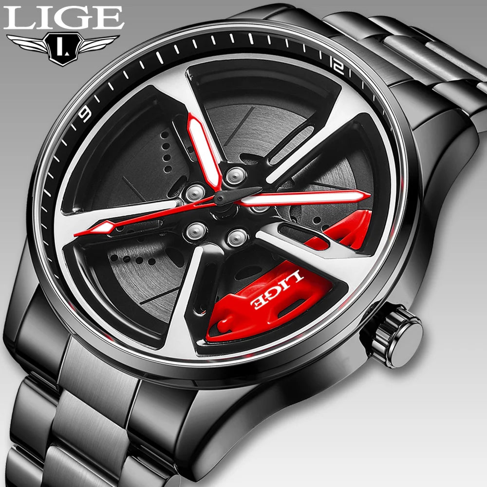 LIGE New Sports 3d Xiaomi Car Wheel Watch Fashionable Rotating Dial Stainless Steel Strap Waterproof Quartz Watches reloj hombre