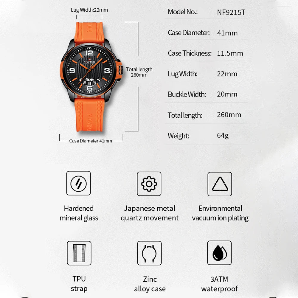 NAVIFORCE Luxury Watch Men Military Waterproof Male Clock Luminous Date Quartz Men Watch Silicone Strap