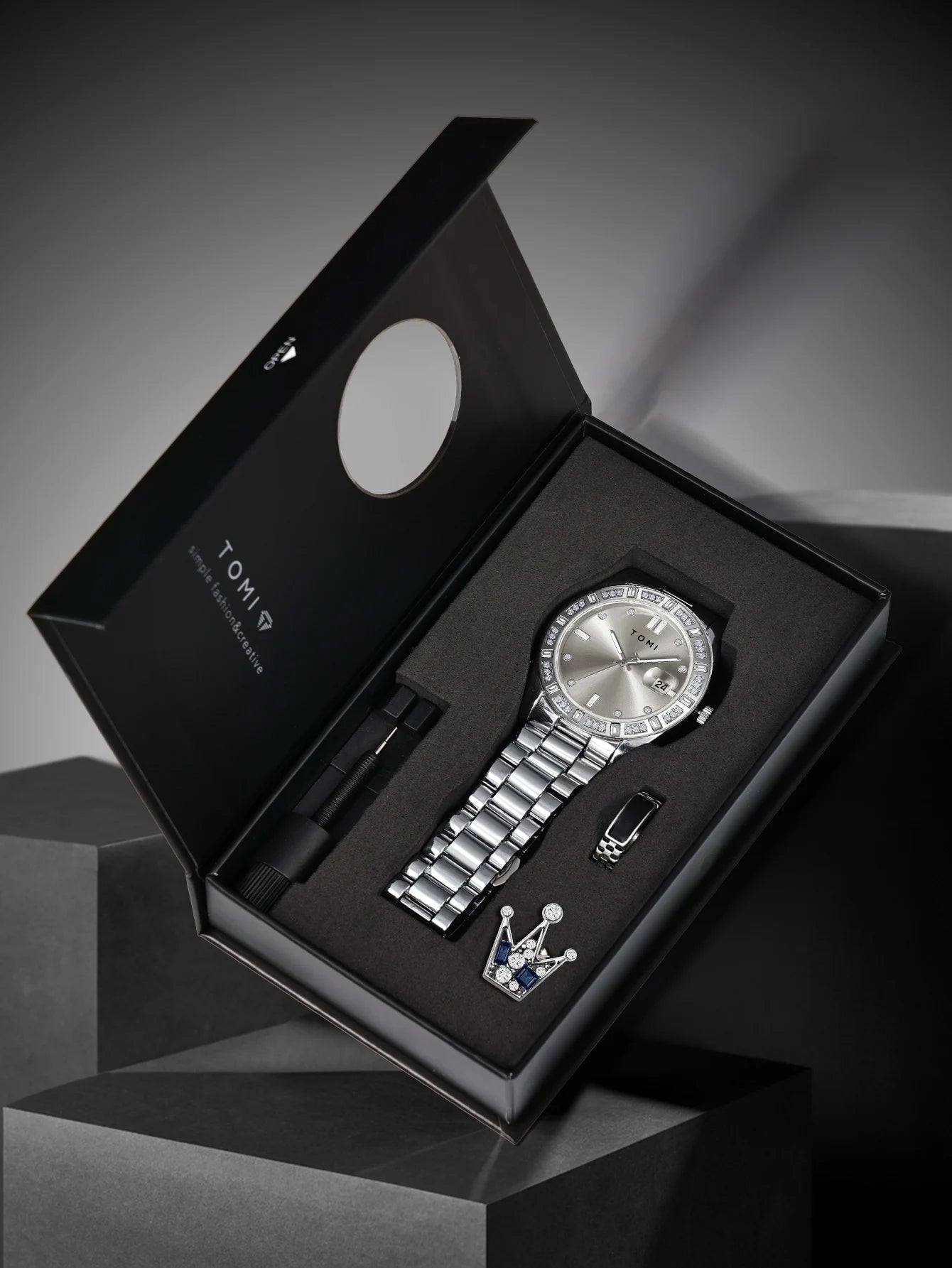 TOMI 4PCS Luxury Business Men's Watch Gift Box Set Luxury Diamond Case Calendar Stainless Steel Strap Quartz Watch Men's Clock