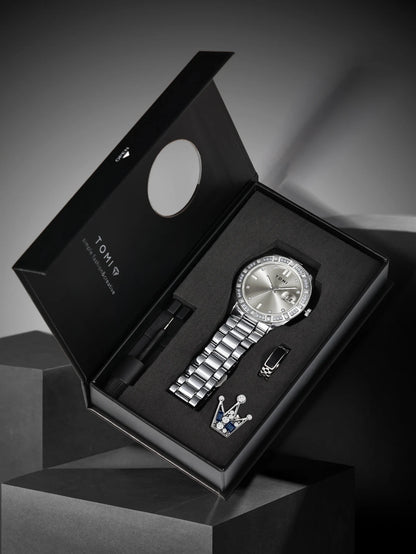 TOMI 4PCS Luxury Business Men's Watch Gift Box Set Luxury Diamond Case Calendar Stainless Steel Strap Quartz Watch Men's Clock