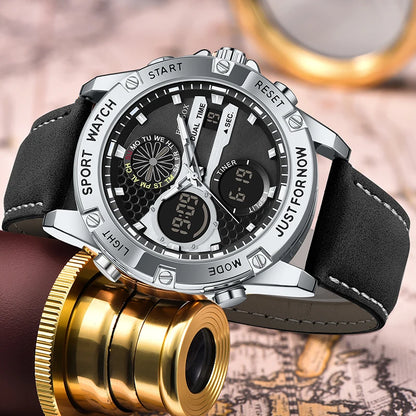 LIGE Men’s Outdoor Sport Watch – Leather Strap, Dual Digital Display, Waterproof & Luminous