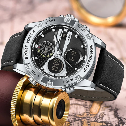 LIGE Men’s Outdoor Sport Watch – Leather Strap, Dual Digital Display, Waterproof & Luminous