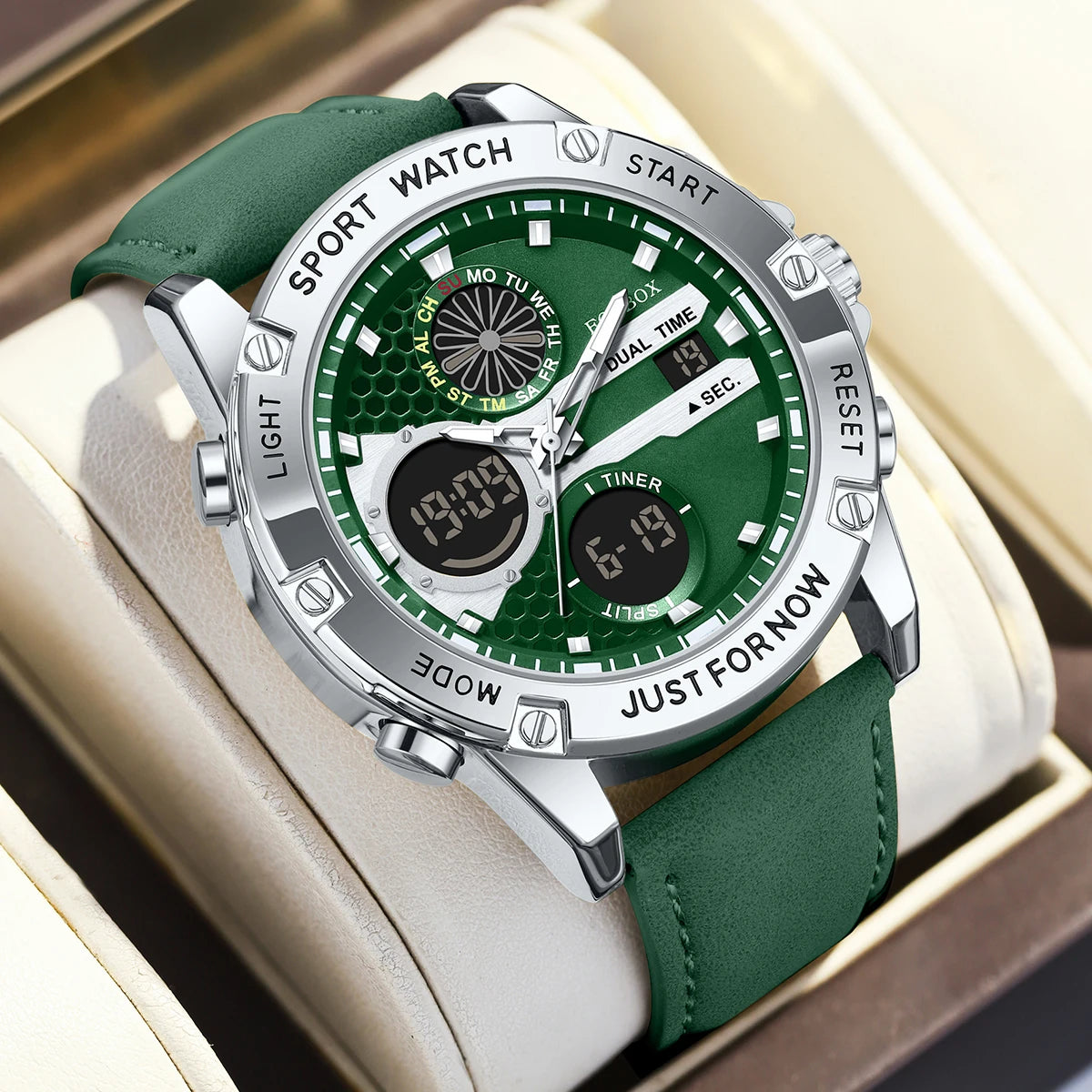 LIGE Men’s Outdoor Sport Watch – Leather Strap, Dual Digital Display, Waterproof & Luminous