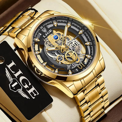 LIGE Men's Skeleton Quartz Watch – Luxury Retro Gold Wristwatch, Stainless Steel, Waterproof, Casual/Formal