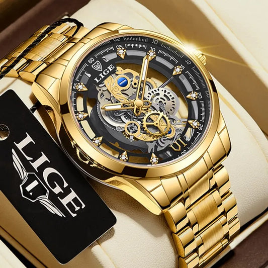 LIGE Men's Skeleton Quartz Watch – Luxury Retro Gold Wristwatch, Stainless Steel, Waterproof, Casual/Formal