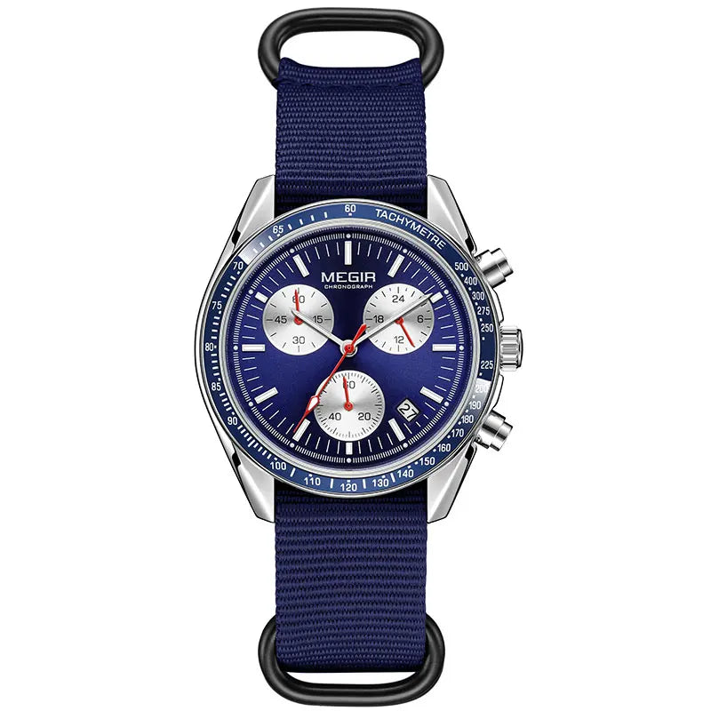 MEGIR New Men's Nylon Braided Strap Waterproof Night-light Sports Quartz Watch with Chronograph Fashion Triple-eye Wristwatch wi