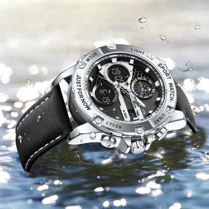 LIGE Men’s Outdoor Sport Watch – Leather Strap, Dual Digital Display, Waterproof & Luminous