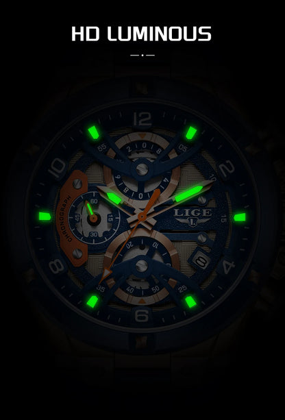 LIGE Military Sports Edition — a rugged and stylish men's quartz chronograph designed for adventure, precision, and everyday wear.