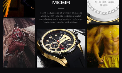 MEGIR Chronograph Luxury Brand Men Sports Watches Silicone Strap Quartz Casual Wristwatch Waterproof Calendar Reloj Hombre 2086