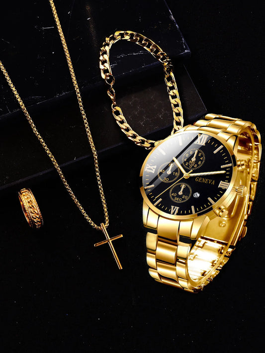 Luxorive Gold Roman Gift Set 🎁 – 4‑Piece Men’s Gold Quartz Watch with Calendar, Cross Necklace, Bracelet & Ring