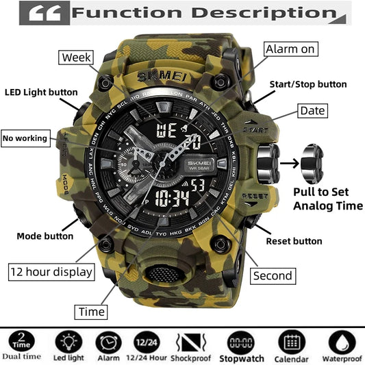 SKMEI Men's Shockproof Military Sports Watch – Dual Time, LED Display, Waterproof, Alarm, Chrono, Big Dial