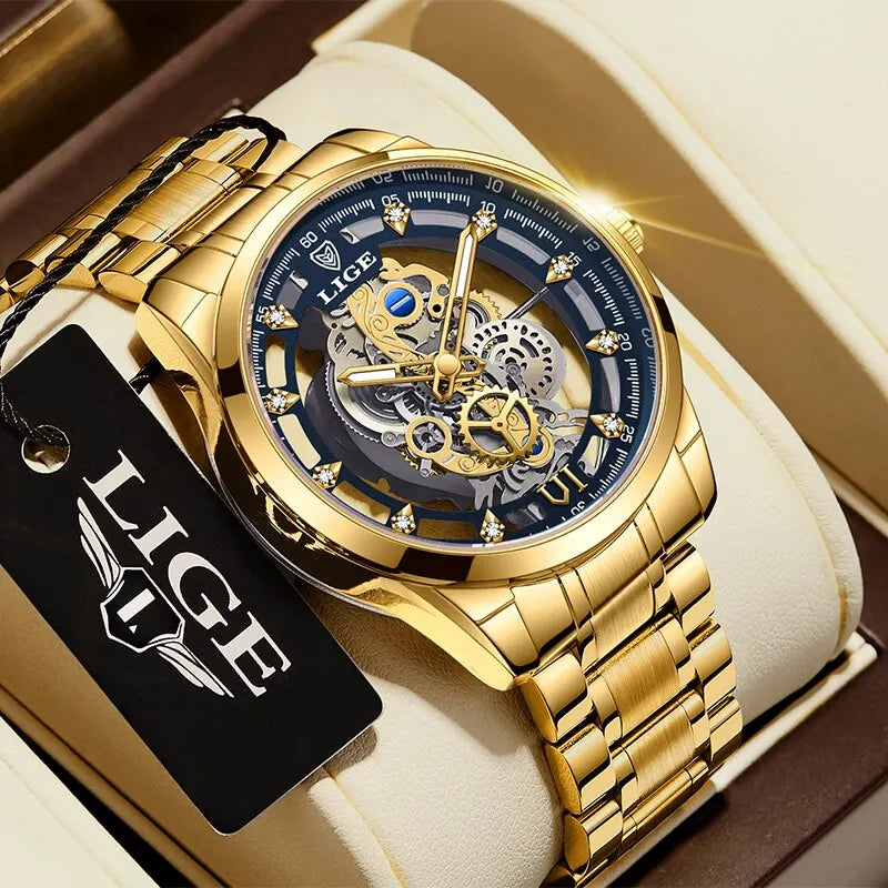 LIGE Men's Skeleton Quartz Watch – Luxury Retro Gold Wristwatch, Stainless Steel, Waterproof, Casual/Formal