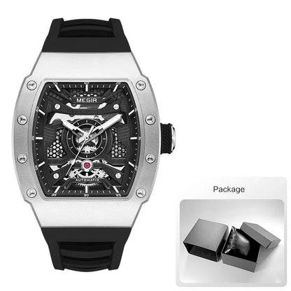 MEGIR Men's Automatic Mechanical Watch with Stainless Steel Case Sillicone Strap Fashion Waterproof Luminous Wristwatch 8604