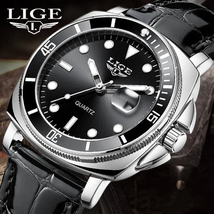 LIGE Men’s Business Military Sports Quartz Watch – Luxury Leather Waterproof Timepiece