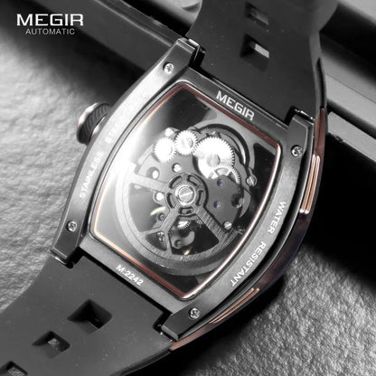 Luxorive MEGIR 2242 – Automatic Tonneau Dial Men’s Watch | Black Silicone Strap | Luminous Sport Design